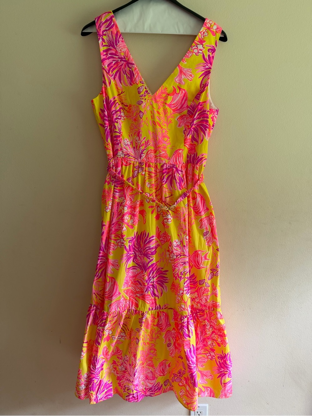 NWT Lilly Pulitzer Yellow and Hot Pink Floral V-Neck Midi Dress